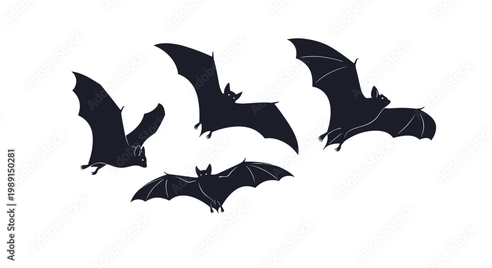 Fototapeta premium Silhouette illustration of multiple black bats flying together against a clean white background.