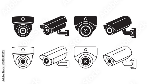 Variety of security cameras depicted in black and white outline style