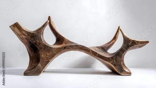 Abstract wooden sculpture with organic flowing lines and a natural wood grain texture.