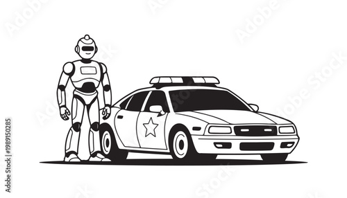Futuristic robot standing next to a classic police car