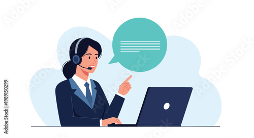 Female customer support agent wearing a headset and working on a laptop with a text speech bubble.
