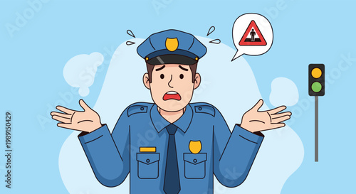 Confused policeman shrugging his shoulders next to a traffic light and a pedestrian warning sign.