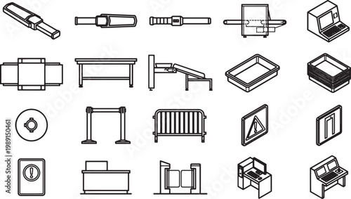 Security Check Icons. Collection of vector icons of tools. Minimalist illustration representing safety measures, suitable for various design projects.