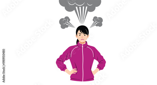 Furious young woman in a purple tracksuit stands with her hands on her hips while steam blows out of her head in anger.