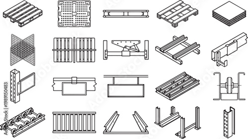 A comprehensive illustration showcases a collection of industrial pallets, along with their different designs.