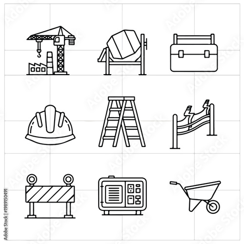 A set of nine minimalist black-and-white line art icons featuring various construction tools and equipment like a crane, ladder, and wheelbarrow.