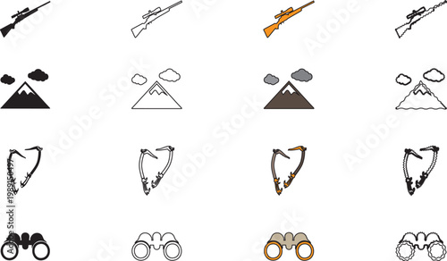 Set of 20 Minimalist Black and White Tool Icons with Axe Saw Hammer Carabiner Heart and Binoculars Vector Illustration