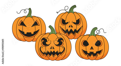 Group of four carved orange jack-o-lantern pumpkins with different spooky and funny faces are ready for a halloween party.