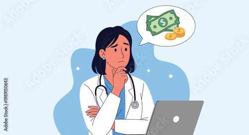 Worried female doctor in a white coat sits at a laptop and thinks about money and savings shown in a floating bubble.