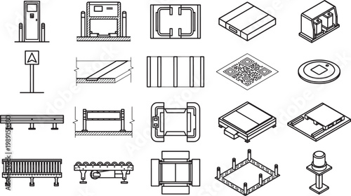 Isometric industrial design drawings of various factory elements, showcasing precision engineering and modular construction.