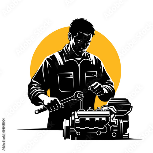 Professional Mechanic Repairing an Internal Combustion Engine with a Wrench, Stylized Vector Illustration of Automotive Service Technician