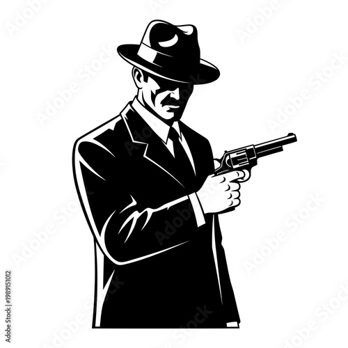 Vintage Noir Style Detective or Gangster in Fedora Hat and Suit Holding a Revolver Gun Vector Illustration