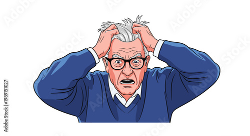 Angry senior man with grey hair and glasses clutches his head in frustration and yells with a furious facial expression.