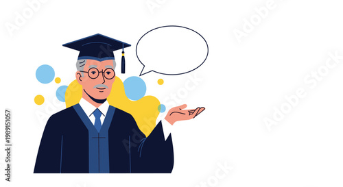 Senior professor in a graduation gown and cap gestures with his hand toward a large blank speech bubble for custom text.
