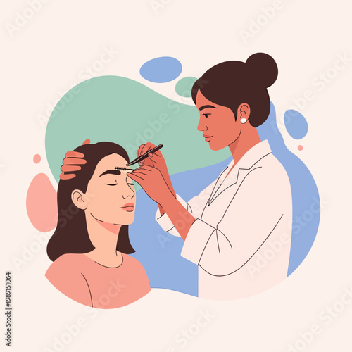 Professional Eyebrow Shaping and Grooming Procedure in a Beauty Salon Vector Illustration