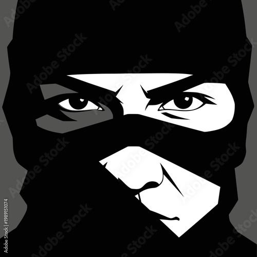 Mysterious Man in Black Balaclava Mask Vector Illustration - Close-up Portrait with Intense Gaze