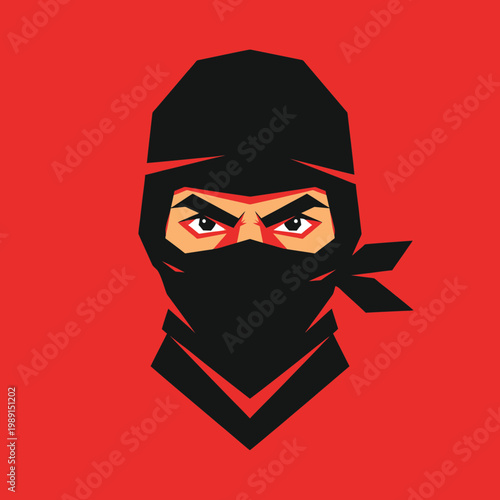 Ninja Warrior Head Mascot Illustration, Focused Shinobi Face with Black Mask on Red Background, Japanese Assassin Martial Arts Avatar Vector