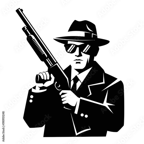 Mafia Mobster in Suit and Fedora Hat Holding Shotgun Vector Illustration