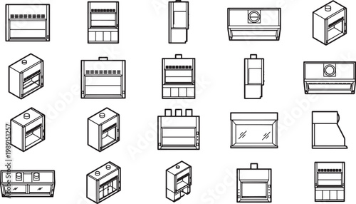 An isometric view of a collection of modular kitchen cabinets, presented in a minimalist, monochrome aesthetic, ideal for architectural and design concepts.