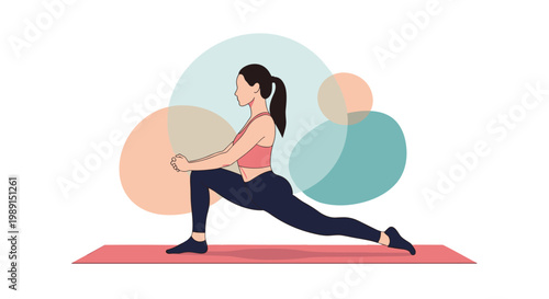 Active woman in a red top and black leggings performs a deep lunge stretch on a pink yoga mat against a soft background.
