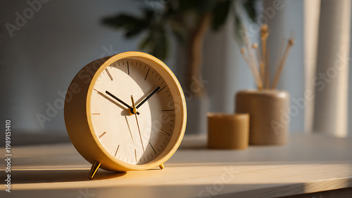 A minimalist wooden alarm clock sits on a wooden surface bathed in warm morning sunlight, with a plant and diffuser in the background.