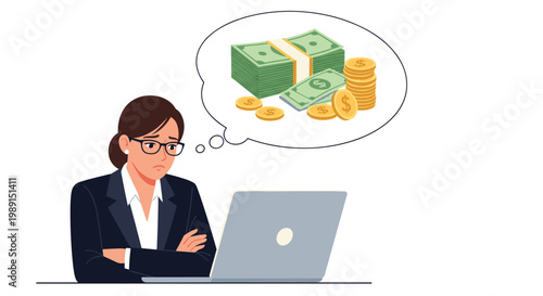 Serious businesswoman in a dark suit works at a laptop while thinking about stacks of green money and golden coins.