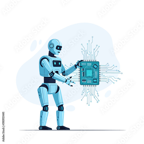 Robot Holding Computer Microchip Technology.