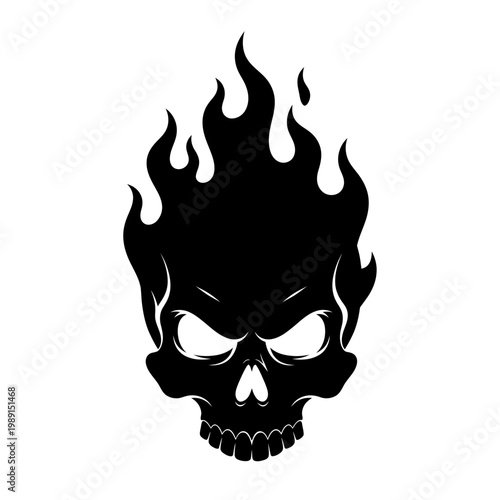 Evil Flaming Skull Silhouette Vector Illustration, Black Burning Demon Head Tattoo Design