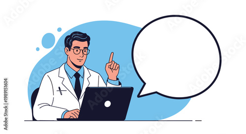 Friendly male doctor in a white lab coat sits at a laptop and points upward next to a large empty speech bubble for text.
