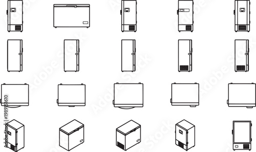 Illustrated array of refrigerators and freezers, showcasing a variety of designs and perspectives in a streamlined and technical layout.