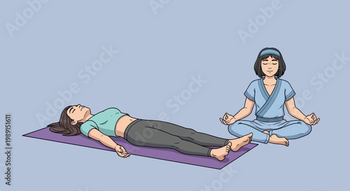 Woman meditating in lotus pose next to another woman in Savasana on yoga mat