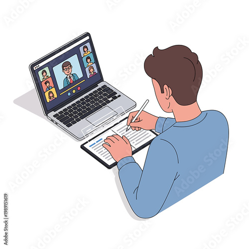 Man working on laptop with notebook.