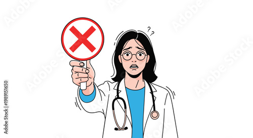 Worried female doctor in a white coat holds up a red circle sign with a cross to indicate a negative result or warning.