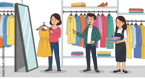Woman trying on yellow dress in clothing store with sales assistant and mirror