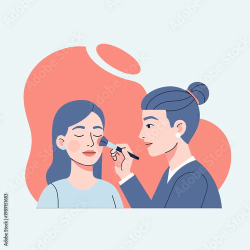 Professional Makeup Artist Applying Cosmetics with Brush to a Young Woman, Beauty Salon Service Illustration