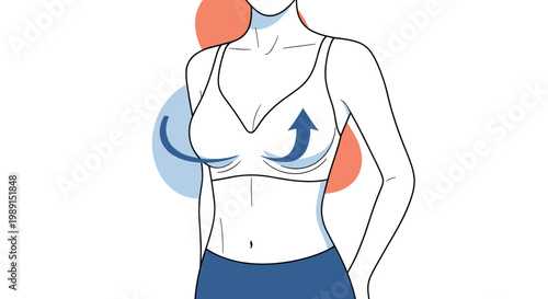 Illustration of a woman wearing a white bra with blue arrows showing the lifting and supportive effect on her breasts.