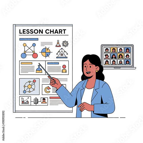 Woman pointing at lesson chart board.