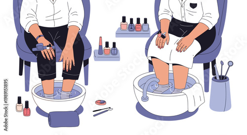 Two women enjoying pedicures at home, relaxing foot spa with nail polish bottles
