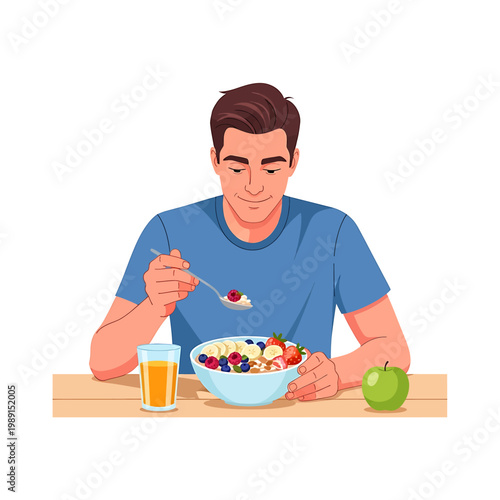 Man eating healthy breakfast meal.