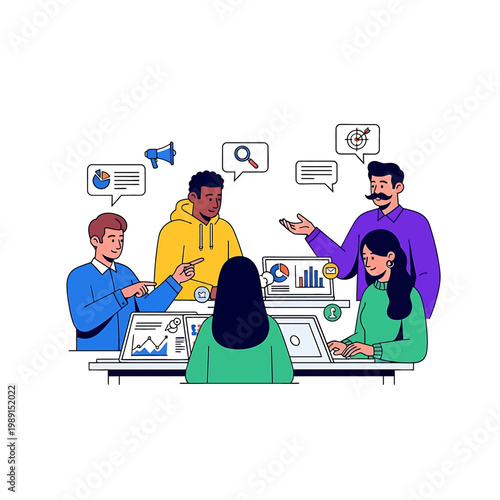 Diverse group discussing business strategy together.