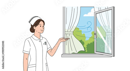 Friendly nurse in a white uniform gesturing toward an open window with fresh air and green trees visible in the background.