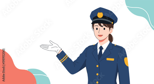 Professional female police officer or security guard in a blue uniform gesturing with a gloved hand to guide or direct people.