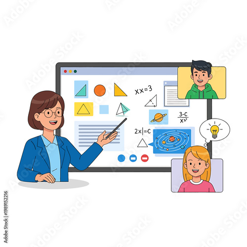 Woman teaching math to students online.