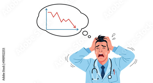 Stressed doctor in a blue coat holding his head and shouting as he looks at a declining performance graph in a thought bubble.
