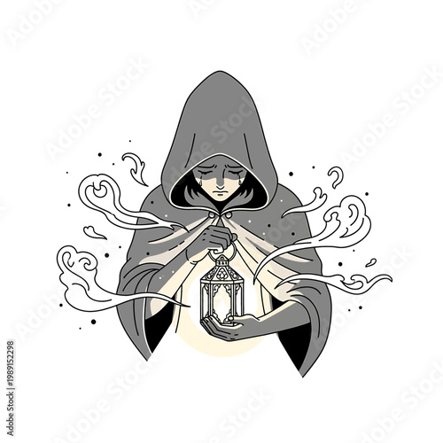 Mysterious hooded figure holding lantern.