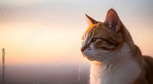 White Cat Portrait at Sunset with Warm Background
Domestic Cat Looking Away in Golden Hour Light
Cozy Pet Cat Close-Up with Sunset Backdrop