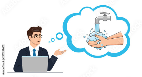 Businessman working at a laptop while thinking about the importance of washing hands with soap and water for hygiene.