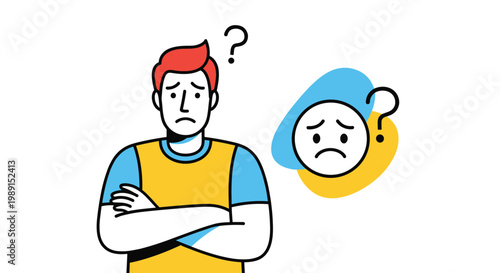 Young man with red hair looking worried and confused with his arms crossed and a sad face icon floating in the background.