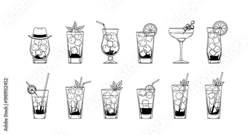 Cocktails hand drawn set with ice cubes straws and fruits featuring cocktail, drink, beverage with alcohol and bar elements for pub, restaurant