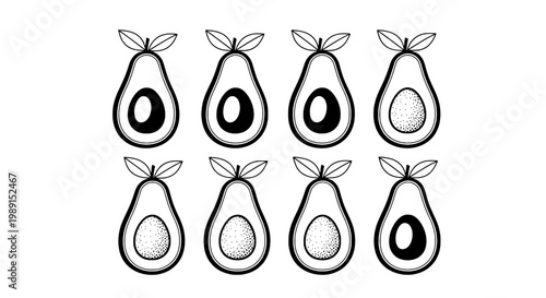 Avocados illustration set with different seed and flesh patterns featuring avocado, fruit, pattern with healthy and food elements for nutrition, diet